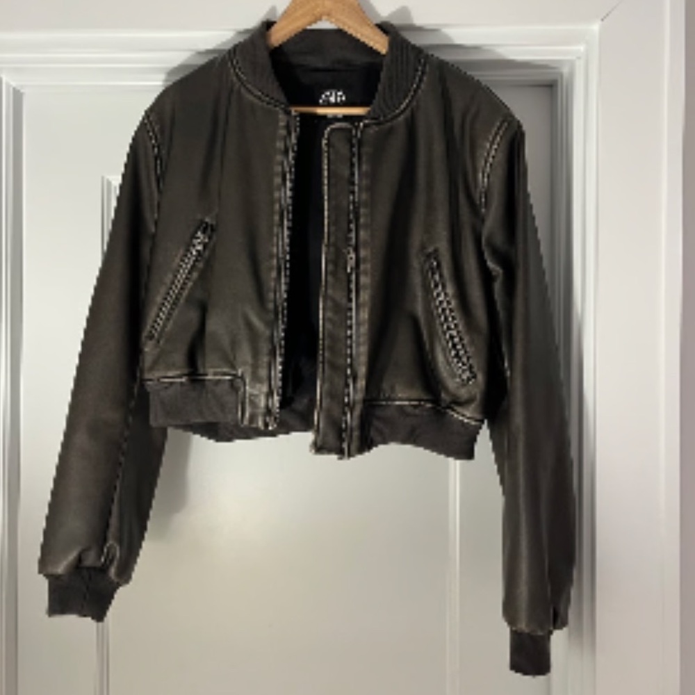 Zara Black Leather Cropped Jacket